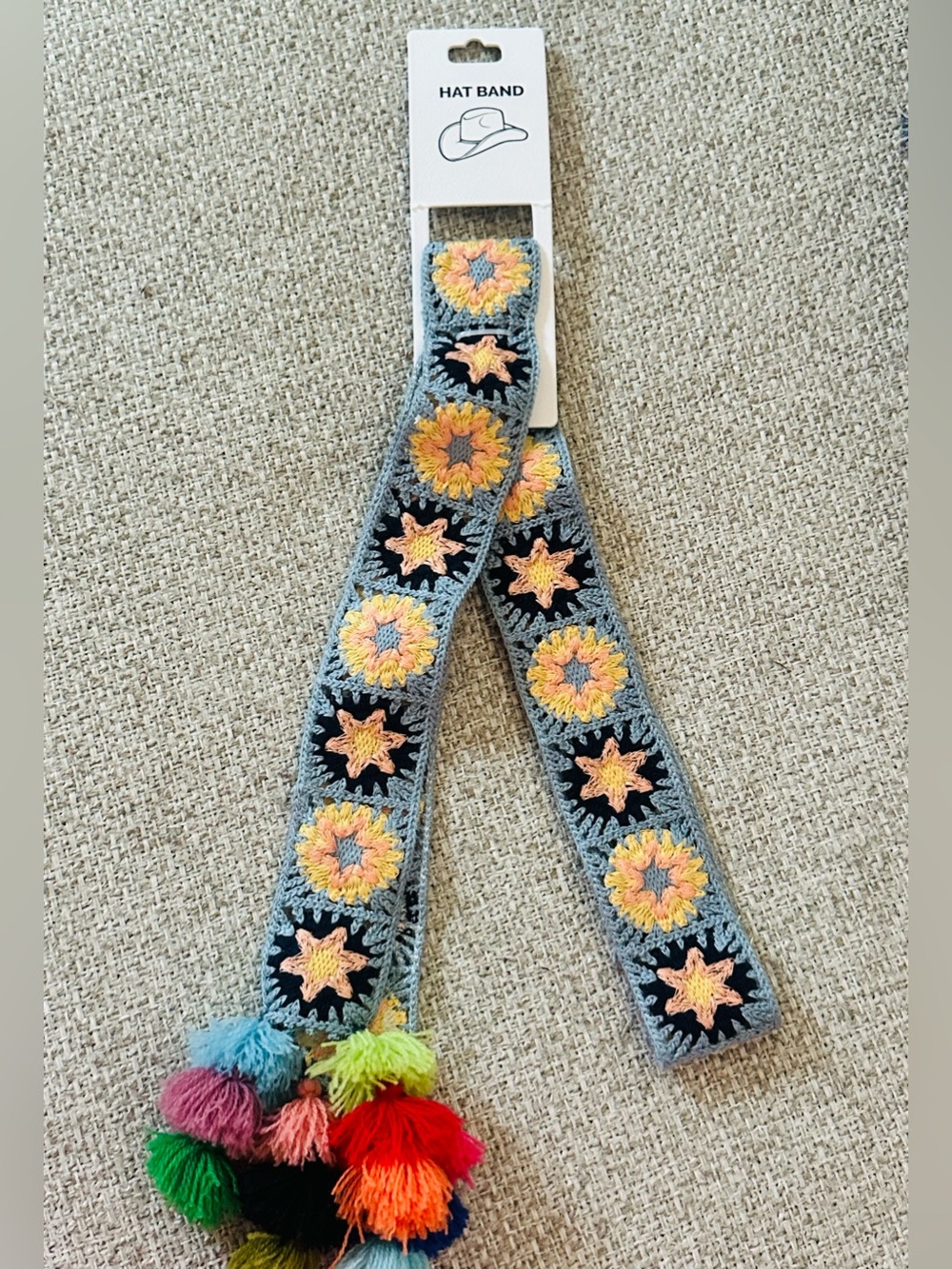NEW Crochet Sunburst Hat Band with Blue Trim and Multicolor Tassels!
